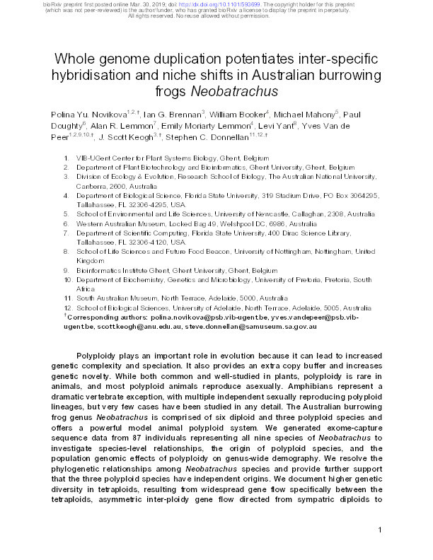 Whole genome duplication potentiates inter-specific hybridisation and niche shifts in Australian burrowing frogs Neobatrachus Thumbnail