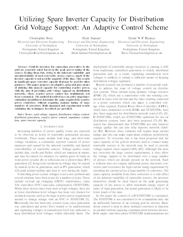 Utilizing Spare Inverter Capacity for Distribution Grid Voltage Support: An Adaptive Control Scheme Thumbnail