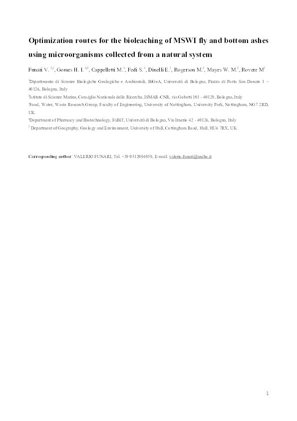 Optimization Routes for the Bioleaching of MSWI Fly and Bottom Ashes Using Microorganisms Collected from a Natural System Thumbnail