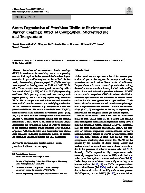 Steam Degradation of Ytterbium Disilicate Environmental Barrier Coatings: Effect of Composition, Microstructure and Temperature Thumbnail