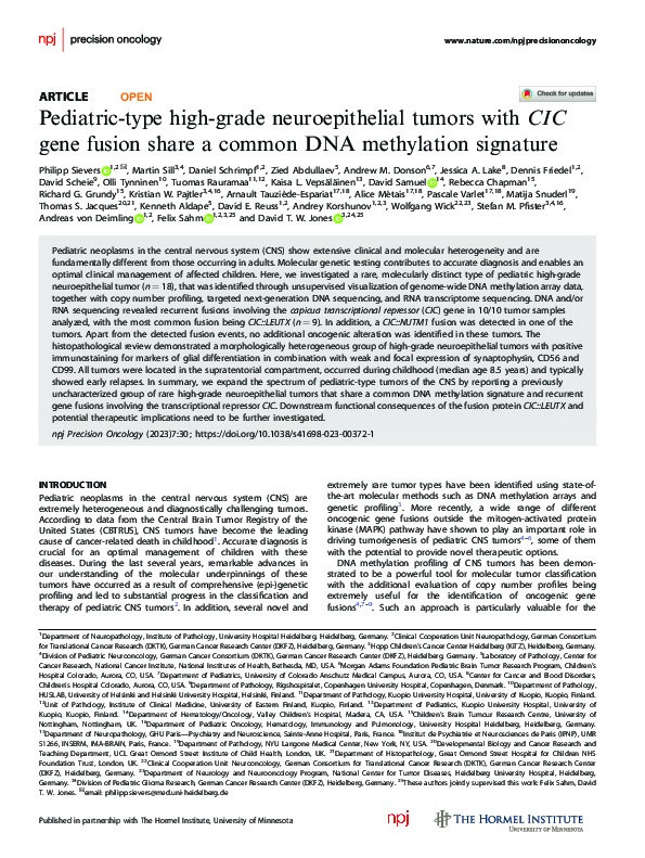 Pediatric-type high-grade neuroepithelial tumors with CIC gene fusion share a common DNA methylation signature Thumbnail