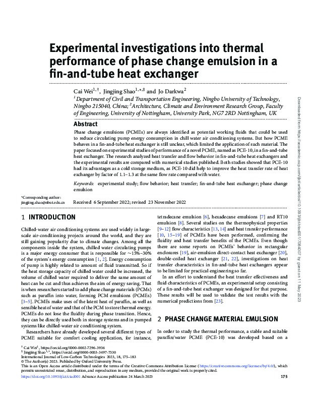 Experimental investigations into thermal performance of phase change emulsion in a fin-and-tube heat exchanger Thumbnail