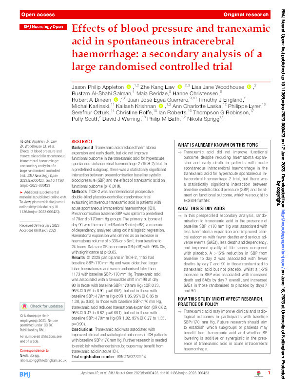 Effects of blood pressure and tranexamic acid in spontaneous intracerebral haemorrhage: A secondary analysis of a large randomised controlled trial Thumbnail