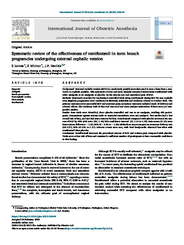 Systematic review of the effectiveness of remifentanil in term breech pregnancies undergoing external cephalic version Thumbnail