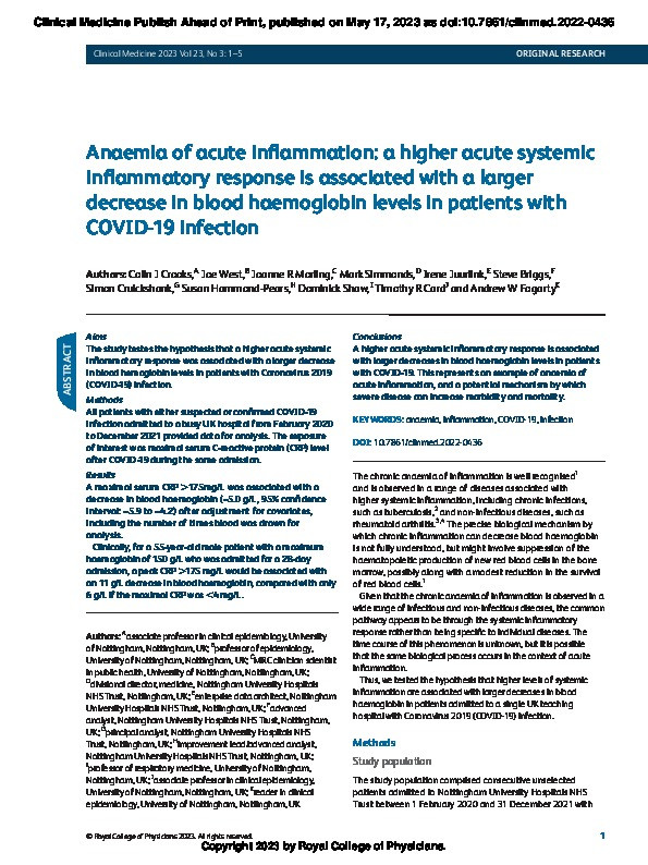 Anaemia of acute inflammation: a higher acute systemic inflammatory response is associated with a larger decrease in blood haemoglobin levels in patients with COVID-19 infection Thumbnail