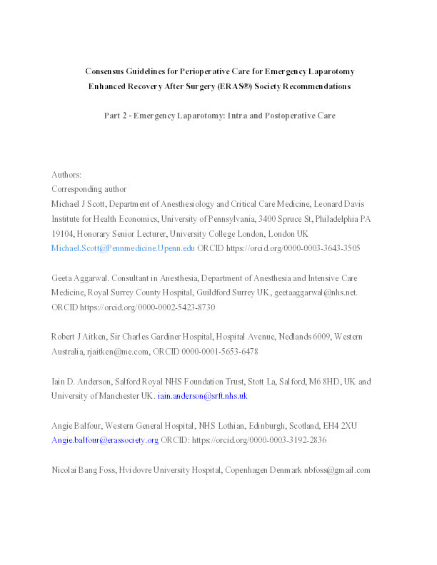 Consensus Guidelines for Perioperative Care for Emergency Laparotomy Enhanced Recovery After Surgery (ERAS®) Society Recommendations Part 2—Emergency Laparotomy: Intra- and Postoperative Care Thumbnail