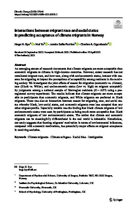 Interactions between migrant race and social status in predicting acceptance of climate migrants in Norway Thumbnail