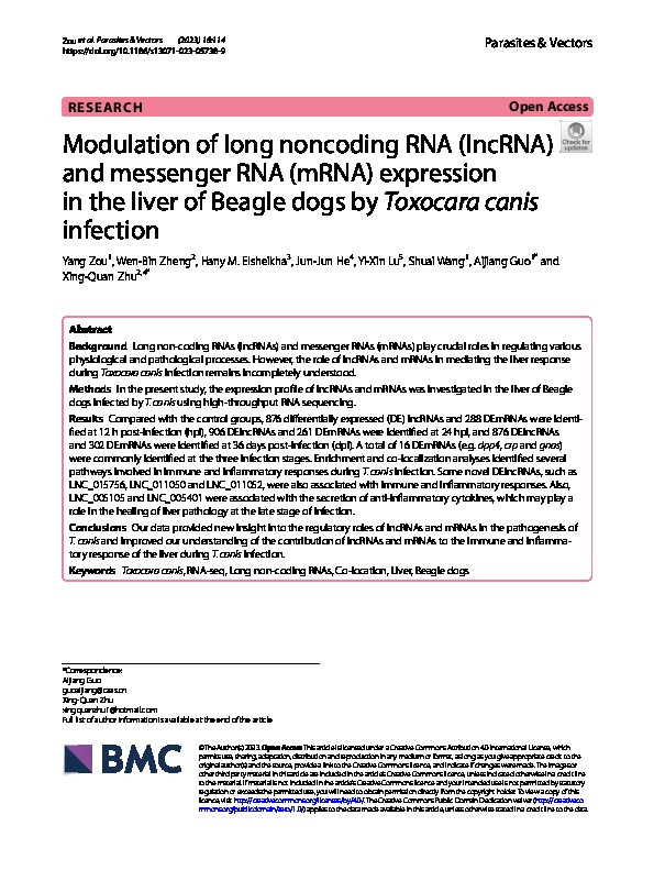 Modulation of long noncoding RNA (lncRNA) and messenger RNA (mRNA) expression in the liver of Beagle dogs by Toxocara canis infection Thumbnail
