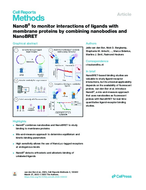 NanoB2 to monitor interactions of ligands with membrane proteins by combining nanobodies and NanoBRET Thumbnail