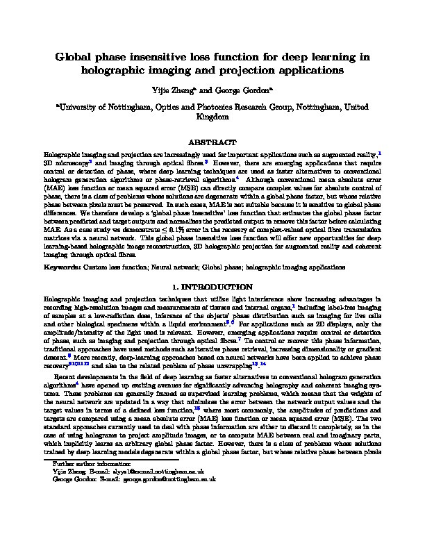 Global phase insensitive loss function for deep learning in holographic imaging and projection applications Thumbnail