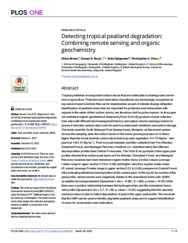 Detecting tropical peatland degradation: Combining remote sensing and organic geochemistry Thumbnail