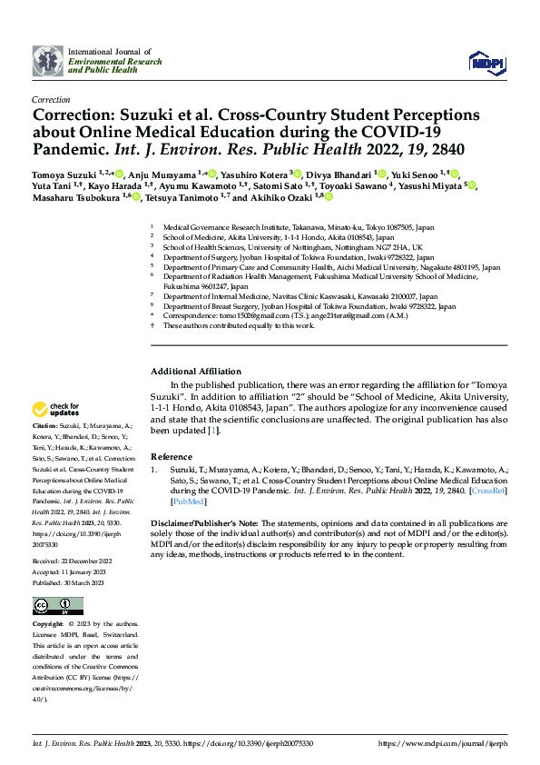 Correction: Suzuki et al. Cross-Country Student Perceptions about Online Medical Education during the COVID-19 Pandemic. Int. J. Environ. Res. Public Health 2022, 19, 2840 Thumbnail