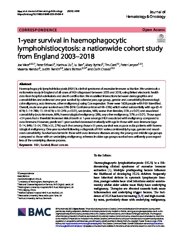 1-year survival in haemophagocytic lymphohistiocytosis: a nationwide cohort study from England 2003–2018 Thumbnail