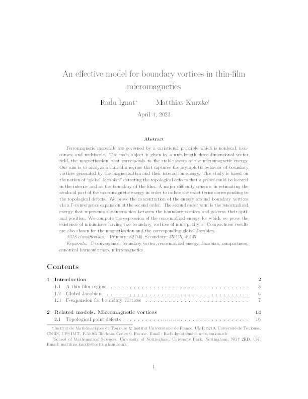 An effective model for boundary vortices in thin-film micromagnetics Thumbnail