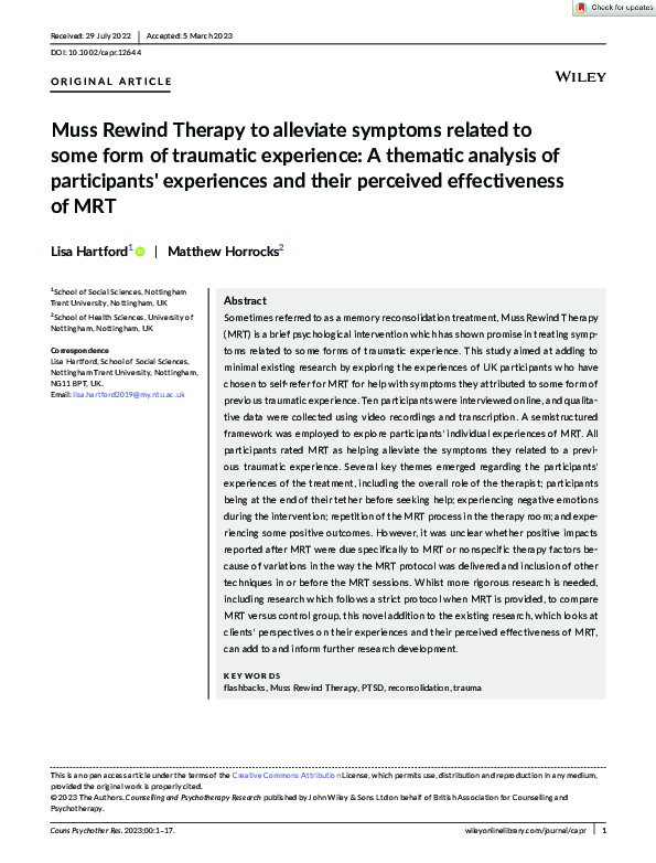 Muss Rewind Therapy to alleviate symptoms related to some form of traumatic experience: A thematic analysis of participants' experiences and their perceived effectiveness of MRT Thumbnail