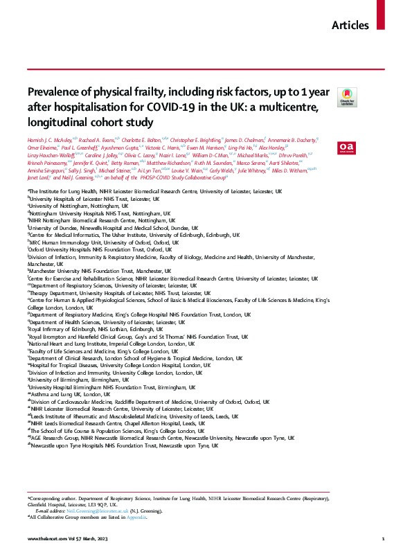 Prevalence of physical frailty, including risk factors, up to 1 year after hospitalisation for COVID-19 in the UK: a multicentre, longitudinal cohort study Thumbnail