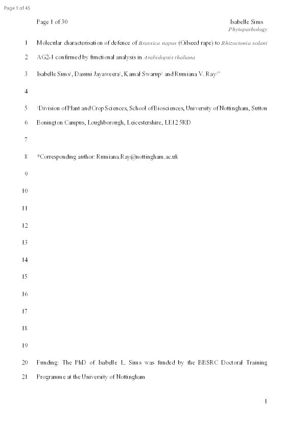 Molecular characterisation of defence of Brassica napus (Oilseed rape) to Rhizoctonia solani AG2-1 confirmed by functional analysis in Arabidopsis thaliana Thumbnail