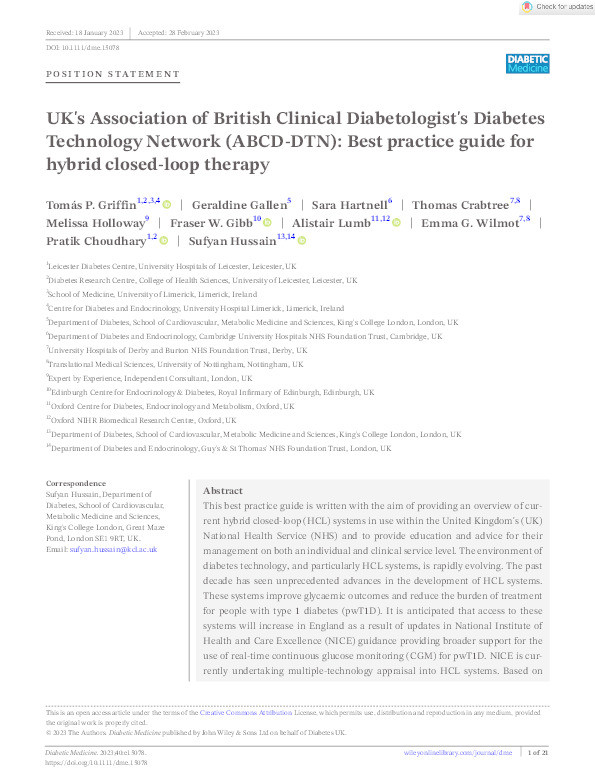 UK's Association of British Clinical Diabetologist's Diabetes Technology Network (ABCD-DTN): Best practice guide for hybrid closed-loop therapy Thumbnail