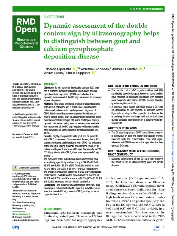 Dynamic assessment of the double contour sign by ultrasonography helps to distinguish between gout and calcium pyrophosphate deposition disease Thumbnail