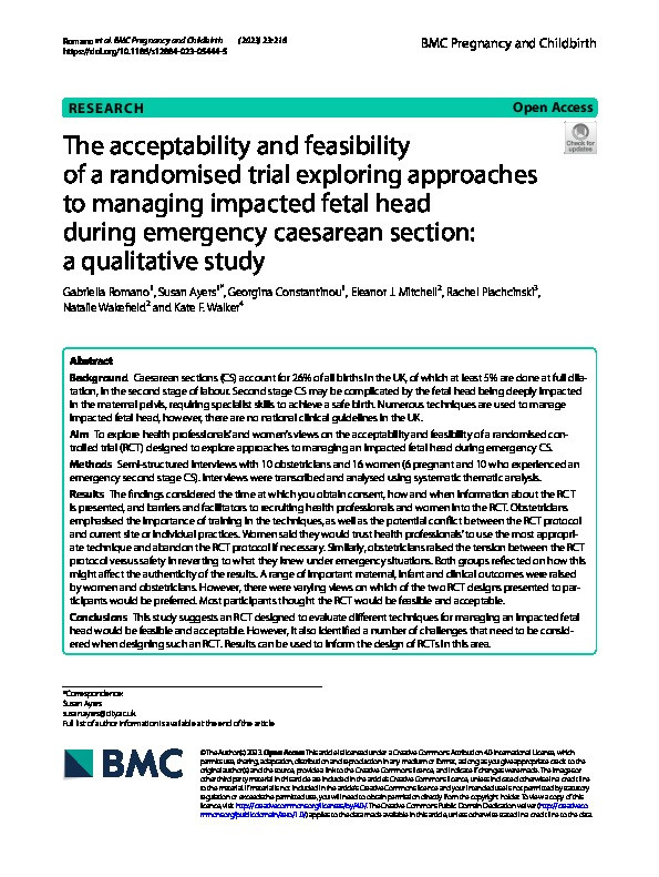 The acceptability and feasibility of a randomised trial exploring approaches to managing impacted fetal head during emergency caesarean section: a qualitative study Thumbnail