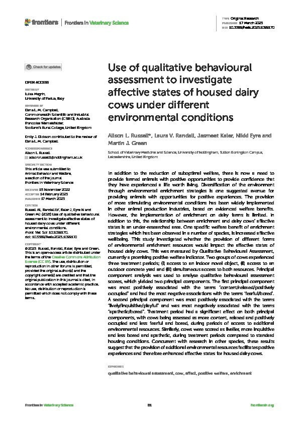 Use of qualitative behavioural assessment to investigate affective states of housed dairy cows under different environmental conditions Thumbnail
