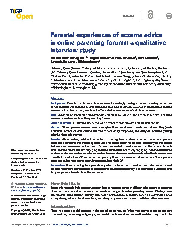 Parental experiences of eczema advice in online parenting forums: a qualitative interview study Thumbnail