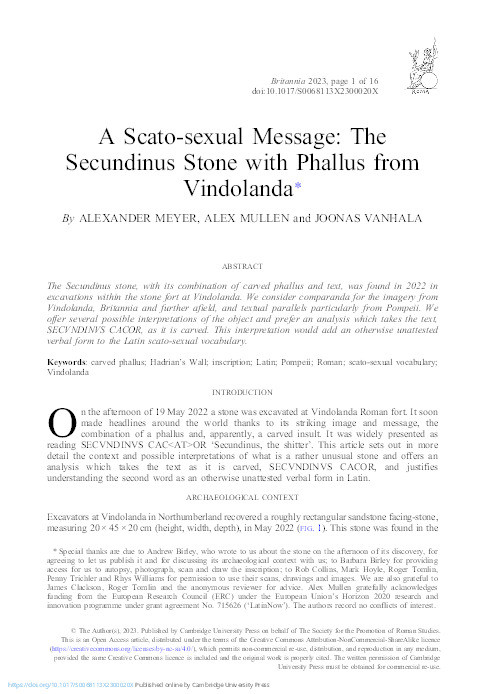A Scato-sexual Message: The Secundinus Stone with Phallus from Vindolanda Thumbnail