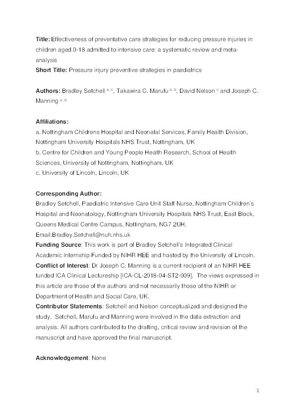 Effectiveness of preventative care strategies for reducing pressure injuries (PIs) in children aged 0-18 admitted to intensive care: A systematic review and meta-analysis Thumbnail