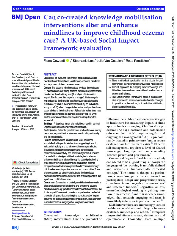 Can co-created knowledge mobilisation interventions alter and enhance mindlines to improve childhood eczema care? A UK-based Social Impact Framework evaluation Thumbnail