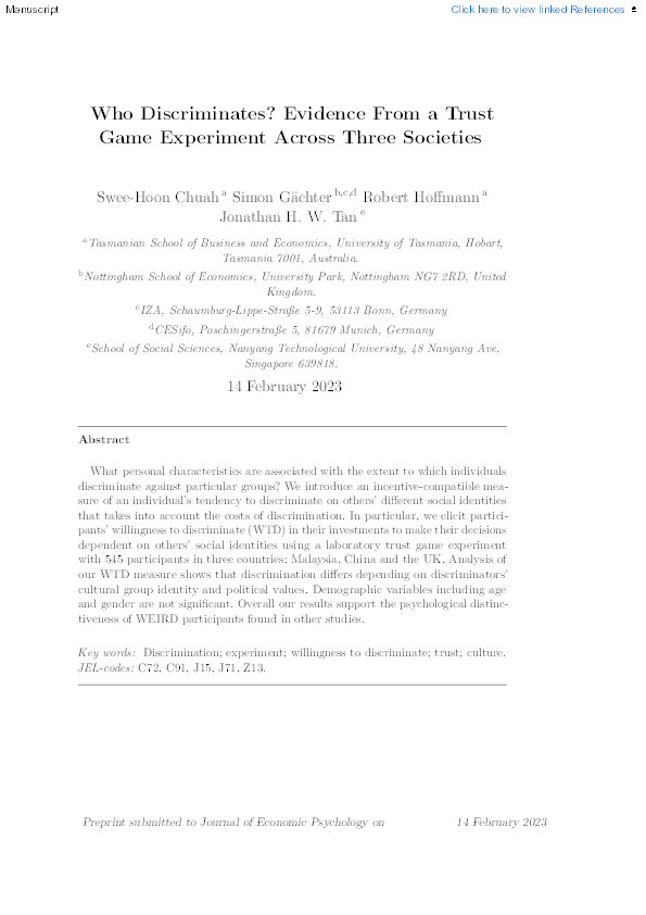 Who discriminates? Evidence from a trust game experiment across three societies Thumbnail