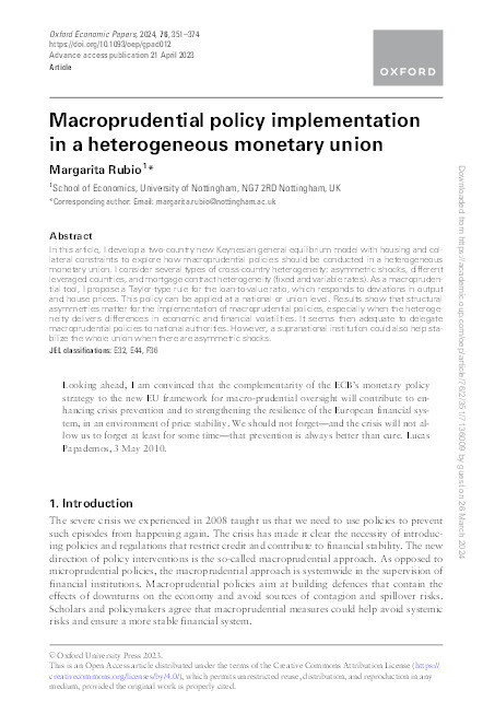 Macroprudential policy implementation in a heterogeneous monetary union Thumbnail