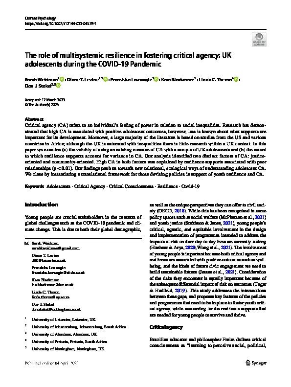The role of multisystemic resilience in fostering critical agency: UK adolescents during the COVID-19 Pandemic Thumbnail