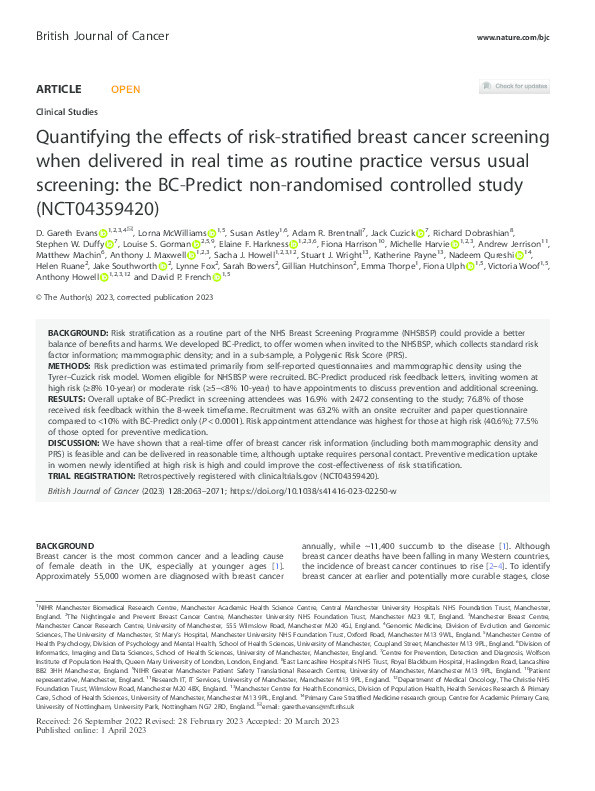 Quantifying the effects of risk-stratified breast cancer screening when delivered in real time as routine practice versus usual screening: the BC-Predict non-randomised controlled study (NCT04359420) Thumbnail