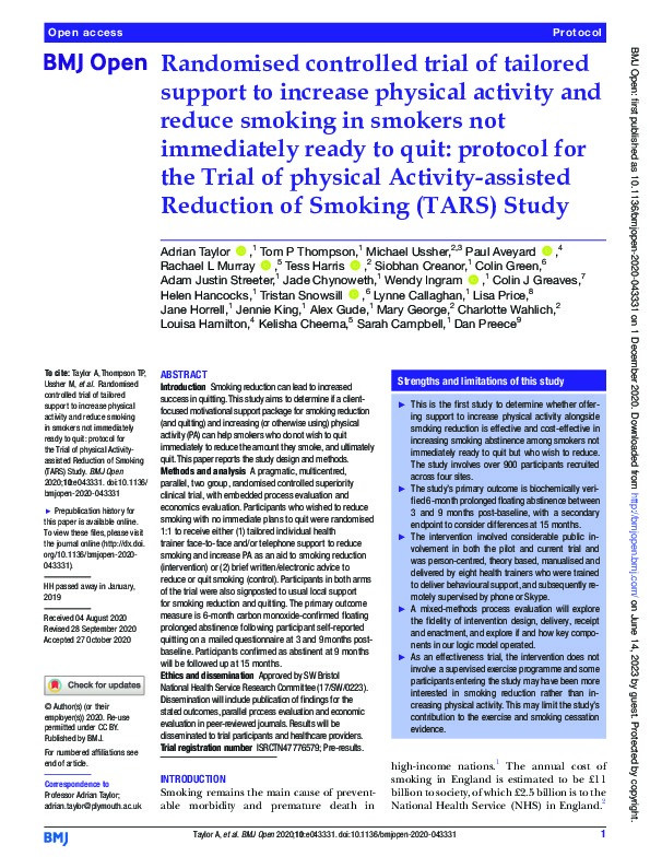 Randomised controlled trial of tailored support to increase physical activity and reduce smoking in smokers not immediately ready to quit: protocol for the Trial of physical Activity-assisted Reduction of Smoking (TARS) Study Thumbnail