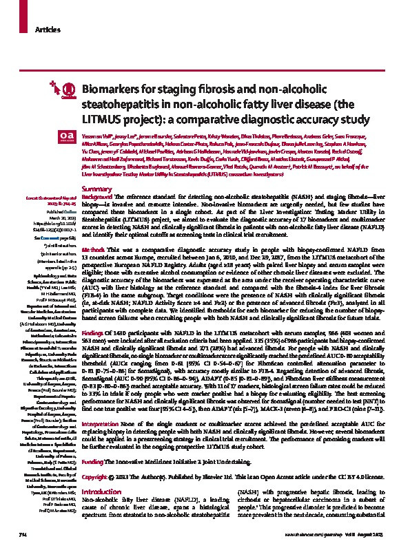 Biomarkers for staging fibrosis and non-alcoholic steatohepatitis in non-alcoholic fatty liver disease (the LITMUS project): a comparative diagnostic accuracy study Thumbnail