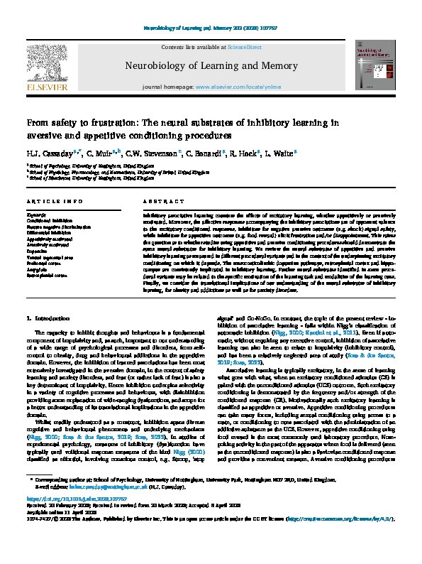 From safety to frustration: The neural substrates of inhibitory learning in aversive and appetitive conditioning procedures Thumbnail