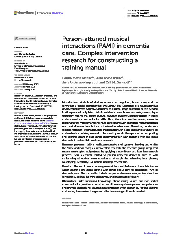 Person-attuned musical interactions (PAMI) in dementia care. Complex intervention research for constructing a training manual Thumbnail