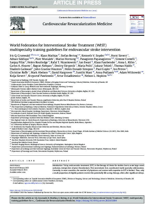 World Federation for Interventional Stroke Treatment (WIST) multispecialty training guidelines for endovascular stroke intervention Thumbnail