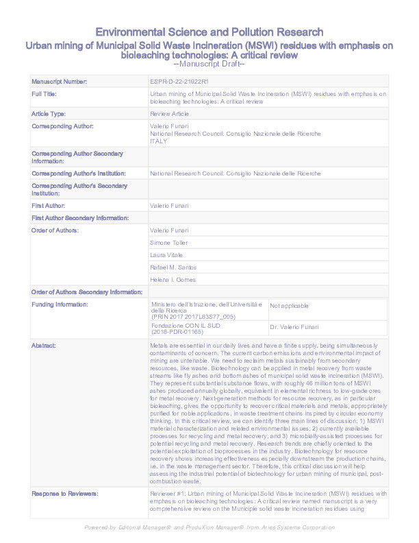 Urban mining of municipal solid waste incineration (MSWI) residues with emphasis on bioleaching technologies: a critical review Thumbnail