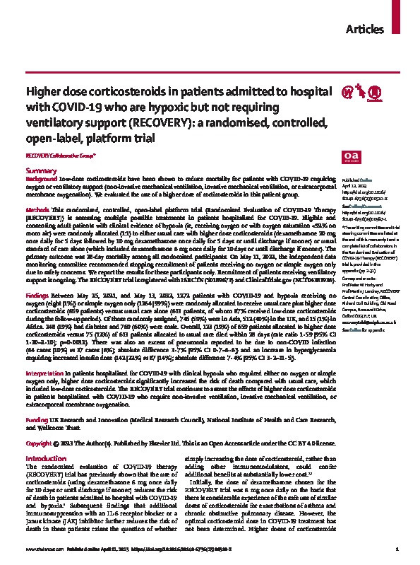 Higher dose corticosteroids in patients admitted to hospital with COVID-19 who are hypoxic but not requiring ventilatory support (RECOVERY): a randomised, controlled, open-label, platform trial Thumbnail