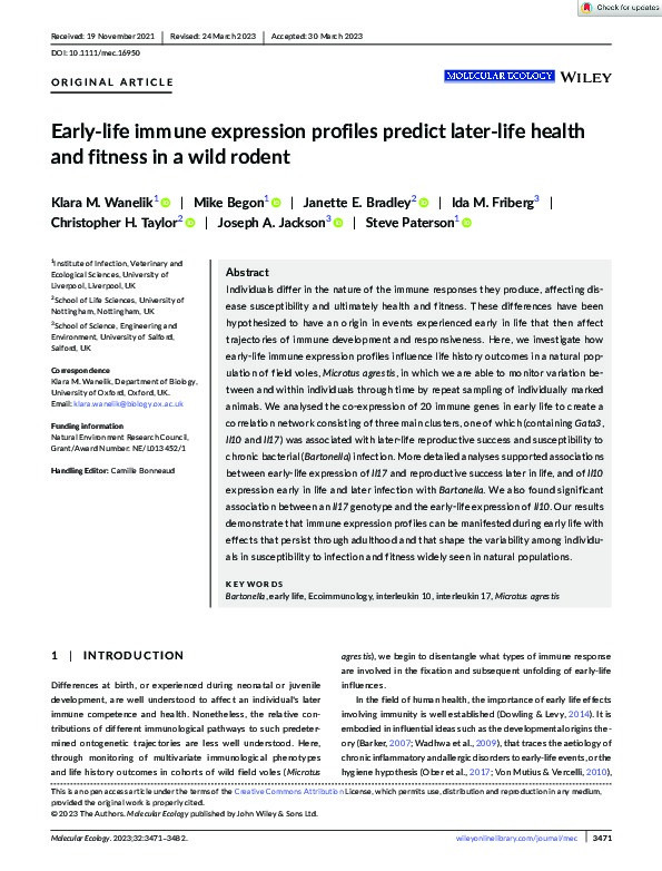 Early‐life immune expression profiles predict later‐life health and fitness in a wild rodent Thumbnail