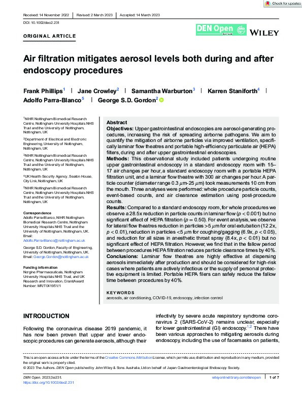 Air filtration mitigates aerosol levels both during and after endoscopy procedures Thumbnail