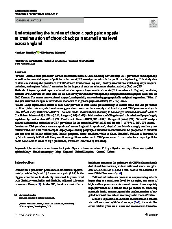 Understanding the burden of chronic back pain: a spatial microsimulation of chronic back pain at small area level across England Thumbnail