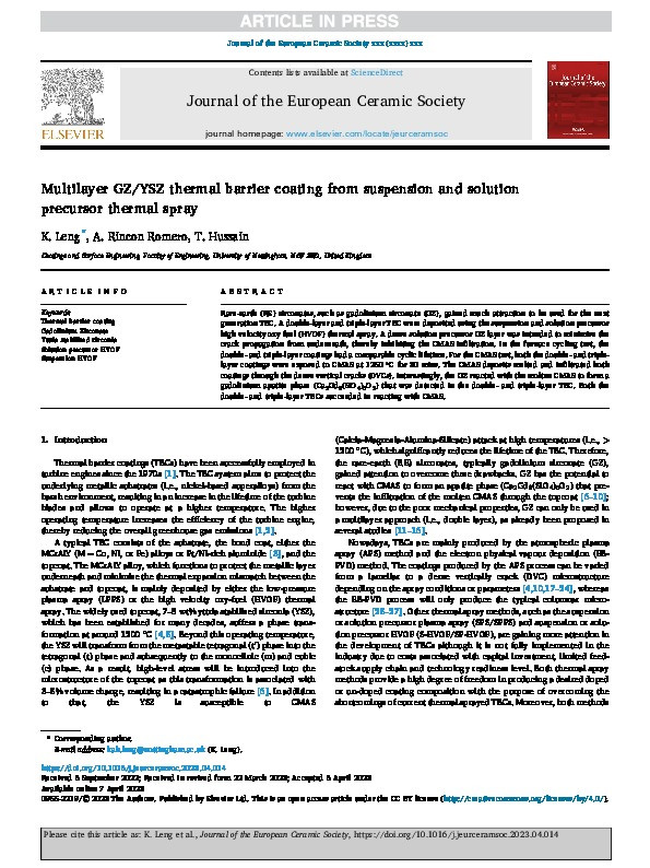 Multilayer GZ/YSZ thermal barrier coating from suspension and solution precursor thermal spray Thumbnail