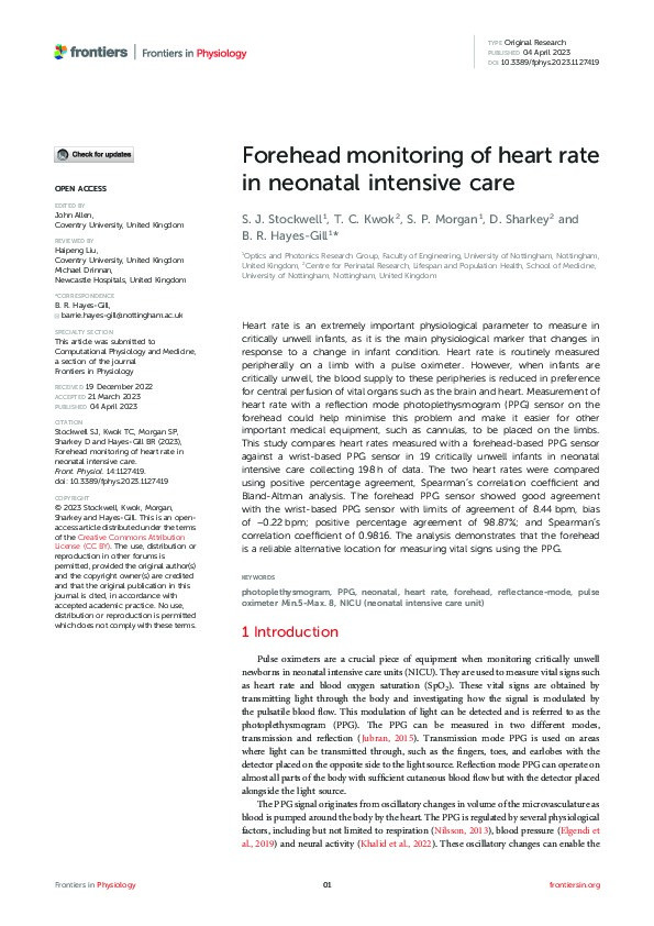 Forehead monitoring of heart rate in neonatal intensive care Thumbnail