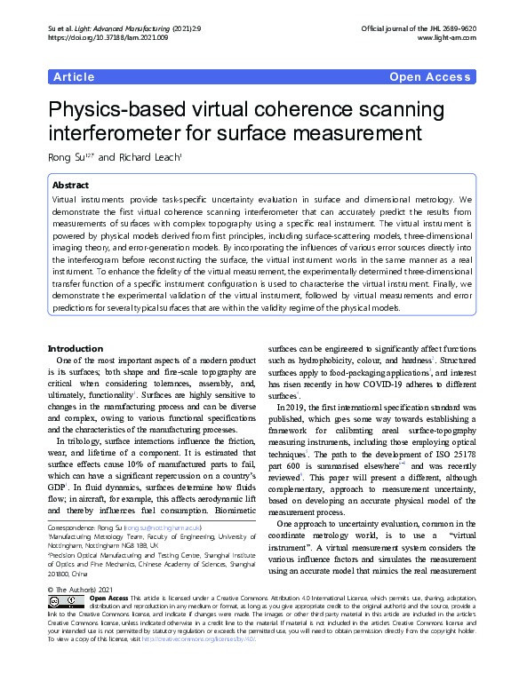 Physics-based virtual coherence scanning interferometer for surface measurement Thumbnail