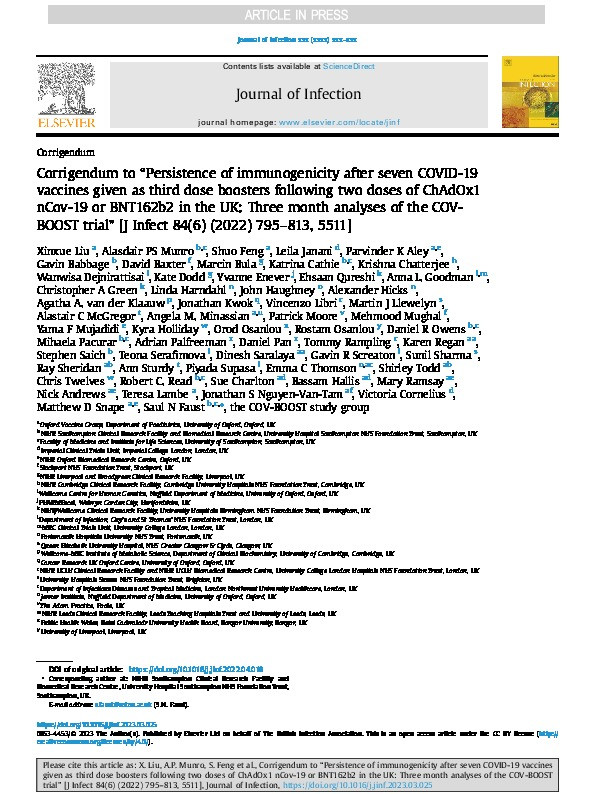 Corrigendum to “Persistence of immunogenicity after seven COVID-19 vaccines given as third dose boosters following two doses of ChAdOx1 nCov-19 or BNT162b2 in the UK: Three month analyses of the COV-BOOST trial” [J Infect 84(6) (2022) 795–813, 5511] Thumbnail