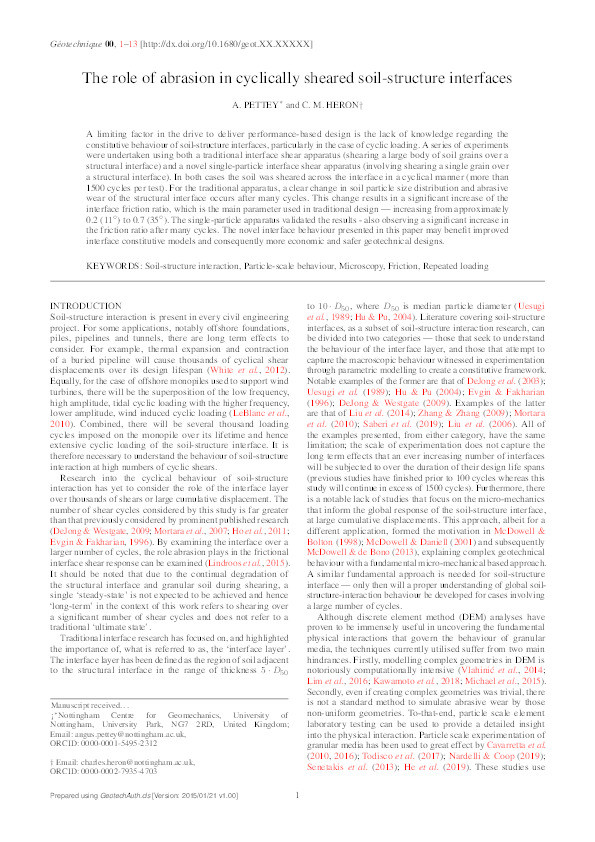 The role of abrasion in cyclically sheared soil-structure interfaces Thumbnail