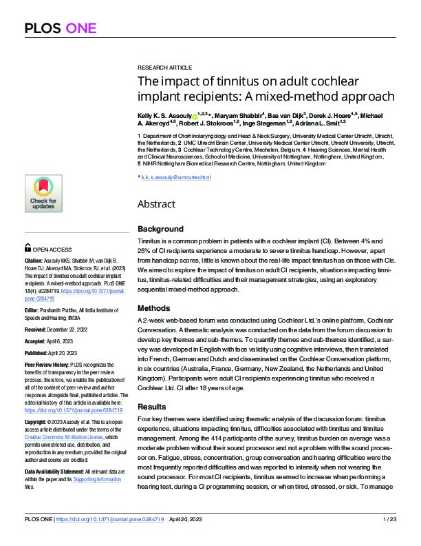 The impact of tinnitus on adult cochlear implant recipients: A mixed-method approach Thumbnail