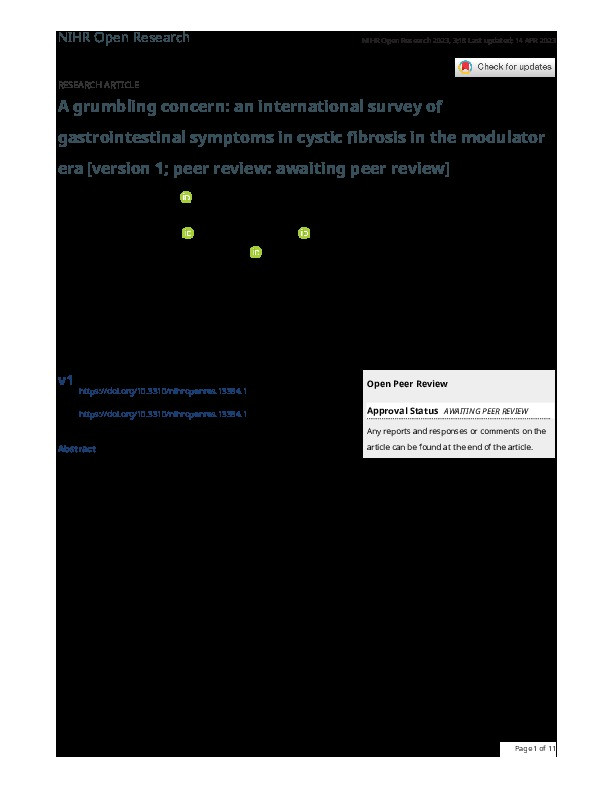 A grumbling concern: an international survey of gastrointestinal symptoms in cystic fibrosis in the modulator era  [version 1; peer review: awaiting peer review] Thumbnail